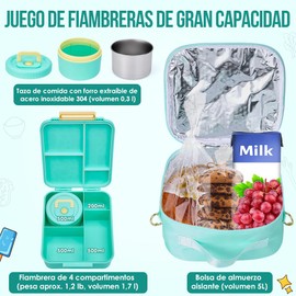 Nasjac Lonchera Bento Box para Niños Y Adulto, Caja Charolas Bento 2000ML de 4 Divisiones con Termo de Sopa, Bolsa de Almuerzo Termica para Niños Portátil con Cuchara Tenedor y Bolsa Aislante, Sin BPA
