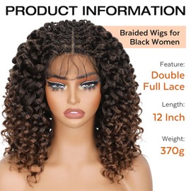 Lady Miranda Double Full Lace Braided Wigs for Black Women GoGo Curl Braided Wig Synthetic Lace Front Wigs for Black Women Knotless Curly Braid Wig Ombre Brown Pre Plucked Wig(Ombre Brown)