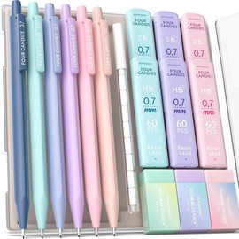 Four Candies Mechanical Pencils 0.5, with HB & 2B Lead Refills 0.5mm, Pastel Eraser Set & Eraser Refills, 16-Count Pack with Case, Cute Aesthetic School Supplies for Writing, Drawing and Drafting:_6PCS 0.7mm