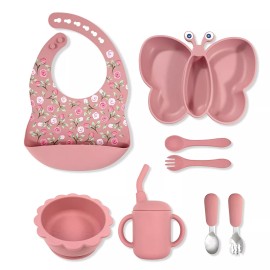 Silicone Feeding Set | 8 Pcs Baby Led Weaning Supplies with Butterfly Design - Pink - Flowers and Butterflies