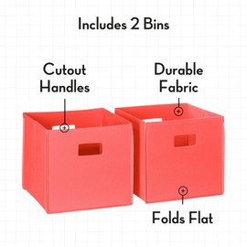 RiverRidge Kids Bookshelf Toy Storage Organizer with 2 Cubbies, 2 Folding Coral Fabric Storage Bins & Spacious Bin White Playroom Toy Organizer and Cubby Storage