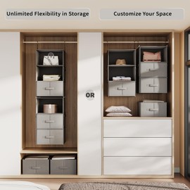 Vailando 6-Tier Hanging Shelves for Closet, Two 3-Shelf Hanging Closet Organizer w/ 4 Side Pockets and 3 Drawers, Combinable for Dorm Wardrobe Organizer and RV Storage and Organization