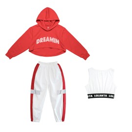 Little Girls 3PCs Outfits Cropped Hoodie Tank Top Jogger Pants Set Hip Hop Jazz Street Dance Skateboarding Clothes (Red, 6-7)