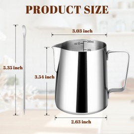 Amrules Milk Frothing Pitcher, 12oz Milk Frother Cup with Clear Scale, 304 Stainless Steel Cappuccino Espresso Machine Accessories for Barista Coffee Bar with Latte Art Pen, Silver