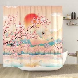 DESIHOM Japanese Shower Curtain Asian Art Mountain Shower Curtain Anime Cherry Blossom Shower Curtain Polyester 72x72 Inch