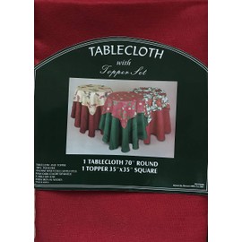 Benson Mills Christmas Holiday Polyester Tablecloth 70" Round with Topper - Holly and Pinecones