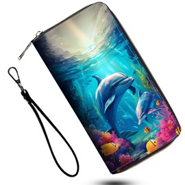 DSRGRGFDJ Leather Wallet for Women,Large Capacity RFID Blocking Clutch,Zip Around Purse with 8 Card Slots,Bill Compartments Coin Pocket-Cute Dolphin