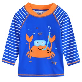 Toddlers and Baby Boys' 3-Piece Swimsuit Trunk Rashguard Set and Sun Hat Swimwear Bathing Suit Sunsuit Swim Shirt UPF 50+ Blue Striped Crab 6-9 Months
