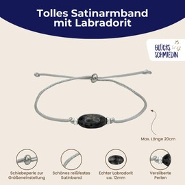 Glücksschmiedin - Labradorit Armband Damen mit Karten-Set, Edelsteinarmband Grau mit Silberperlen und schönem Schmucksäckchen mit 6 verschiedenen Glückwunschkarten für jeden Anlass.