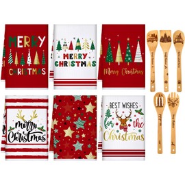 Bencailor 11 Pcs Christmas Kitchen Decoration 6 Kitchen Dish Towels and 5 Wooden Spoons Set Hand Towel Gifts for Bathroom Home Christmas Gifts (Christmas Tree Style)