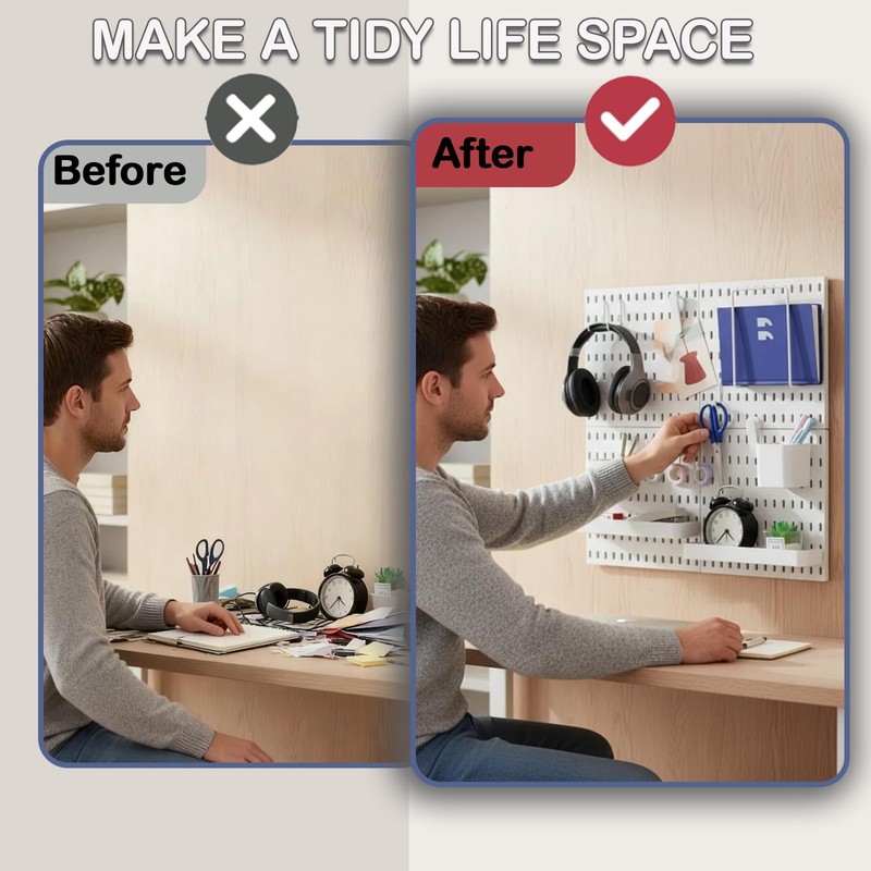 Pegboard Wall Mounted Organizer Storage Set, Includes 4 White Pegboards