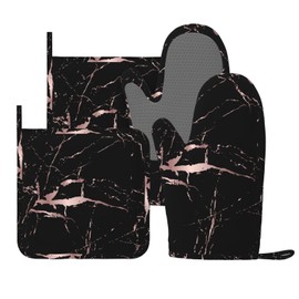 Rose Gold Black Marble Modern Oven Mitts and Pot Holders Sets of 4, Heat Resistant Silicone Oven Mittens and Potholders Gloves Hot Pads for Kitchen Cooking Baking Grilling BBQ Chef