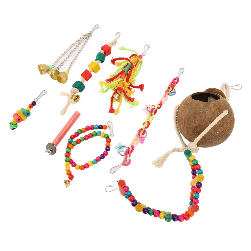 8pcs Parrot Toys Adjustable Coconut Shell Ladder Hanging Toys Interactive