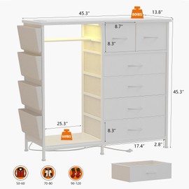 WODRAWER 6 Drawer Dresser for Bedroom With Clothes Rack, Clothes Dresser with Side Pockets and Hooks, Charging Station & LED lights, Kids Bedroom Dresser, Closet Dresser, Wooden Top, PU Storage, White