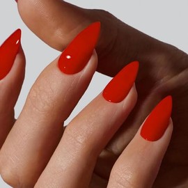 Orange Red Almond Shaped Nails Press ons, Medium Fake Almond Acrylic Nails Glue on Nail Medium Length False Nail for Women Thick Natural Gel Stiletto 