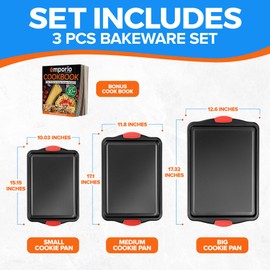 Emporio Kitchen Baking Pan Set - Nonstick Coating, Carbon Steel Bakeware Set with Red Silicone Handles, PFOA, PFOS, PTFE Free, Recipe Booklet Included, Oven Safe Tray (Up To 450° F), Set of 3 - Black
