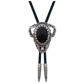 YOQUCOL Vintage Black Stone Silver Tone Bolo Tie Native American Western Cowboy Retro Genunie Leather Necktie For Men