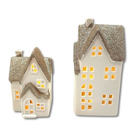 DARO DEKO Ceramic LED House Light House Gold Glitter Set of 2