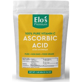 Ascorbic Acid (1lb) By Elo’s Premium | Packaged In Canada| 100% All-Natural Pure Vitamin C| Non-GMO, Vegan, Gluten Free, and Keto | | Food Grade Powder Supports Immune System, Skin Repair, Metabolism & More