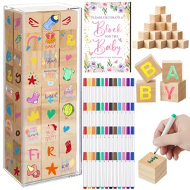 Tenceur 104 Pcs Baby Shower Game Sign Set Baby Shower Blocks to Decorate 54 DIY Blank Wooden Block 48 Watercolor Markers with Acrylic Box Set for Games Gender Reveals Party Supplies(Butterfly)