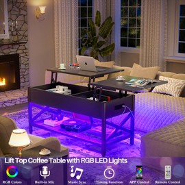 Aheaplus Black Lift-Top Coffee Table with LED Light, Power Outlets and Storage Shelf, 41.7"W x 19.69"L x 19.7"H