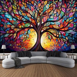 Tree of Life Wall Hanging Decor Tapestry with Stained Glass Colorful Wall Art Large Tapestry Mural Decor Photograph Backdrop Blanket Curtain Home Bedroom Living Room Decoration