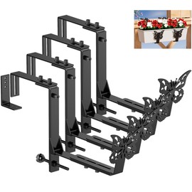LAWYAMAI 4 Pack Window Box Brackets, Adjustable Planter Box Brackets, Universal Flower Box Bracket for Deck Railing, Heavy Duty Railing Planter Bracket for Balcony, Fence and Garden - Black