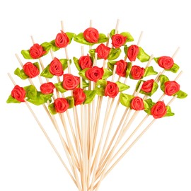 Rose Cocktail Picks - 100 Counts Cute Flower Long Toothpicks for Appetizers, Decorative Bamboo Sticks for Party Wedding, Fancy Mini Skewers for Food Fruit and Drinks (Red)