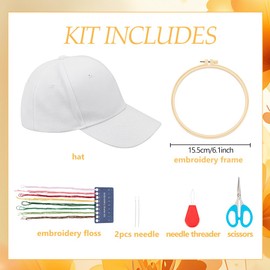 FREEBLOSS DIY White Hat Kit Needlework Set Floral Embroidery Hat Kit Cross Stitch Kits for Beginners Embroidery Starter Kit with Instructions Full Embroidery Kit for Sewing Project