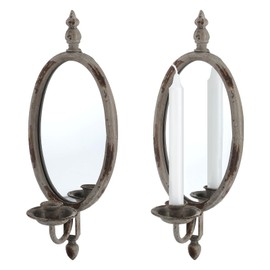 Jingmore 2 Pack Antique Metal Candle Sconces Candlestick Holder with 4 Pcs White Candle Wall Mounted Distressed with Oval Faded-looking Mirror Antique Gold Candlestick Holders for Living Room Bathroom