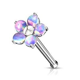 PiercedOff 316L Surgical Steel Flower Nose Bone Stud with with 5 Purple Synthetic Opal Petals - Thickness 20GA (0.8mm) / Length 6mm / Flower Size 5mm