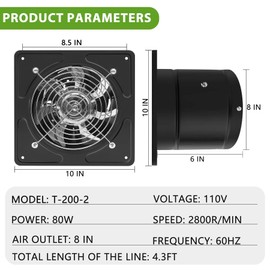 POWERENG 8 Inch Exhaust Fan,530CFM Kitchen Exhaust Fan with Speed Controller,110V 80W Wall Mounted Vent Fans with Damper for Shop, Smoking Room, Industrial Ventilation Use (8-inch Black)