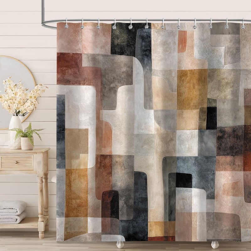 Moonslim Boho Beige Brown Grey Shower Curtains, Mid Century Abstract