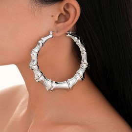 Ladies' oversized bamboo knot earrings, hip hop street dance earrings (Silver, One size)