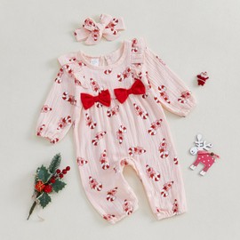 MAHUAOYIXI Christmas 2Pcs Infant Baby Girls Outfits Long Sleeve Jumpsuit Gingerbread Man Print Romper Newborn Baby Christmas Clothes for Girls with Headband Sets (Pink, 6-9 Months)