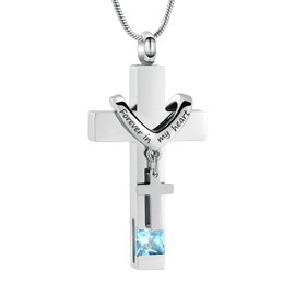 Forever In My Heart Cross Urn Necklace For Ashes For Women Men Stainless Steel Cremation Jewelry Ashes Holder Keepsake Memorial Pendant With Birthstone, Metal, Zircon