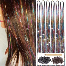 Rainbow Hair Tinsel Kit with Tool 6pcs 1200 Strands Glitter Tinsel Hair Extensions Heat Resistant Sparkling Shiny Fairy Hair Accessories for Women Girls Kids 47Inch