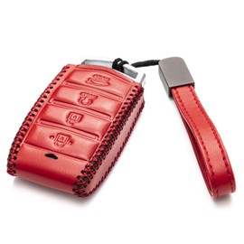 Vitodeco Genuine Leather Smart Key Fob Case Cover Protector with Leather Key Strap Compatible for 2017-2020 Genesis G70, G80, G90 (4-Button with Remote Start, Red)