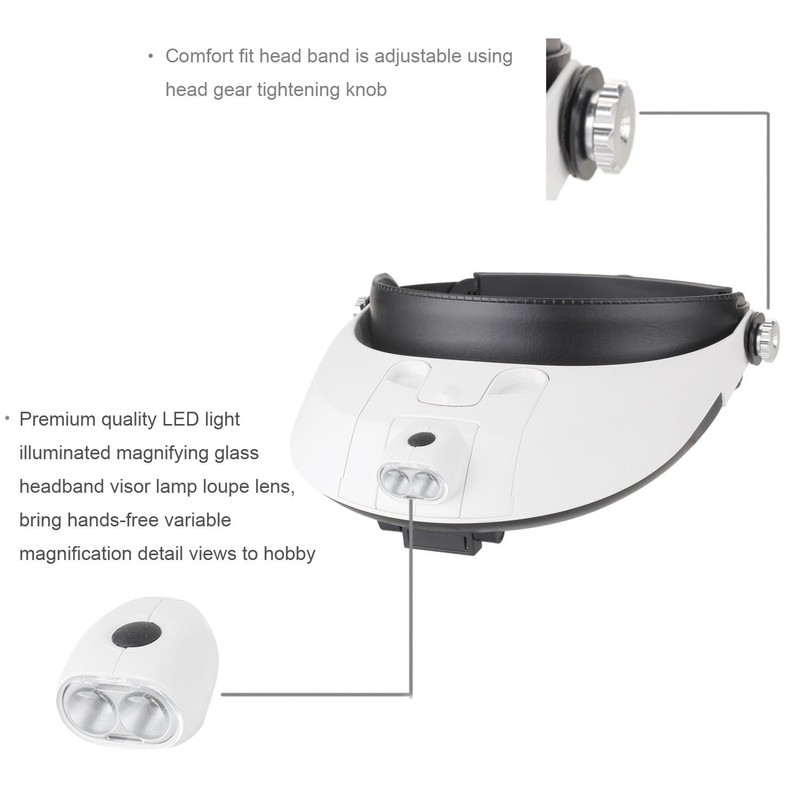 LED Headband Magnifier with 5 Lenses 1x, 1.5x, 2x, 2.5x,