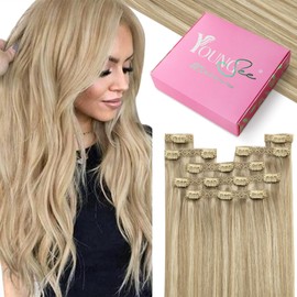 YoungSee Real Hair Clip Extensions Blonde 55 cm Clip-In Extensions Real Hair Golden Blonde Highlights Blonde Clip-In Hair Extensions Real Hair for Women Clip Real Hair Extensions 120 g #16/22
