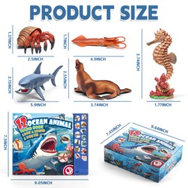 12 Pack Ocean Animal Toy for Kid with Sound Book, Gift Box, Realistic Sea Creature Figure, Educational Plastic Sea Animal for Toddler, Under the Sea Party Favor, Birthday, Water Table Toy for Boy Girl