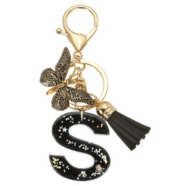 PATIKIL Alphabet Initial Letter Keychain, Resin Cute Keychains with Tassel Butterfly Letter S Pendant Charm for Women Key Purse Handbag Bag Accessories, Black