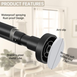 BRIOFOX Shower Curtain Rod Adjustable 18-50 Inch, Stainless Steel Spring Tension Shower Rod No Drilling Non Slip, Matte Black