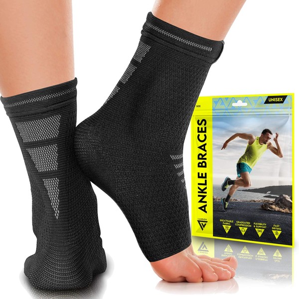 Langov Ankle Brace Support for Men & Women (Pair), Best Compression Sleeve Socks for Your Foot or Sprained Ankle, Helps With Achilles Tendonitis and Injury Recovery, Swelling or Heel pain, Nano socks