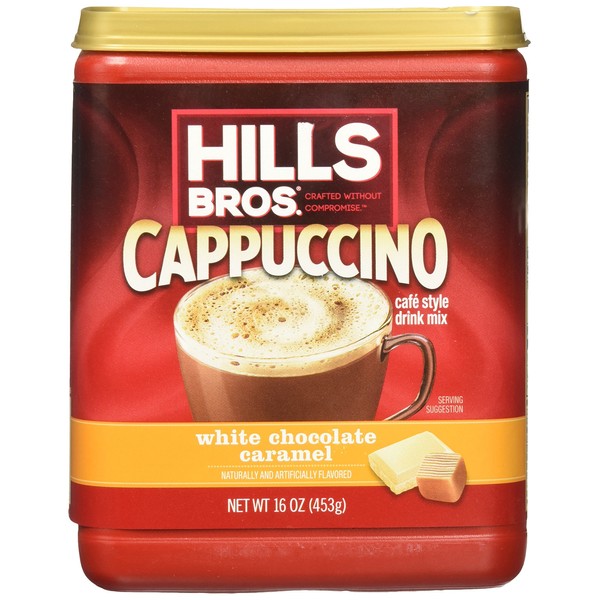 Hills Bros. Instant Cappuccino Mix, White Chocolate Caramel Cappuccino– Easy to Use, Enjoy Coffeehouse Flavor from Home– Frothy, Decadent Cappuccino with White Chocolate and Creamy Caramel (16 Ounces)