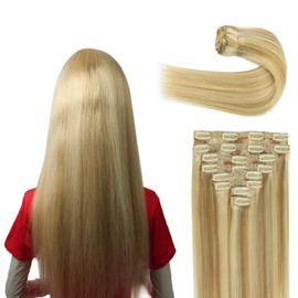 ZLCHE Clip in Hair Extensions Real Human Hair, 12"" 90g Straight Hair Extension Clip ins with Lace Weft, 8 Pcs Weft with 20 Pcs Clips (#18/613 Dark Blonde Highlighted Bleach Blonde, 12 Inch)