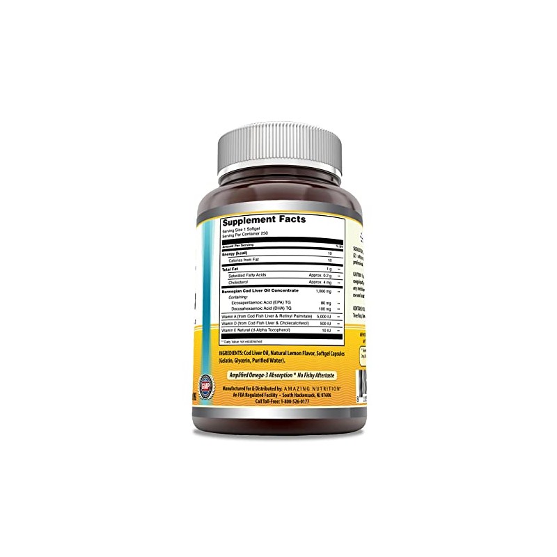 Amazing Nutrition Norwegian Cod Liver Oil, 1000 Mg 250 Softgels