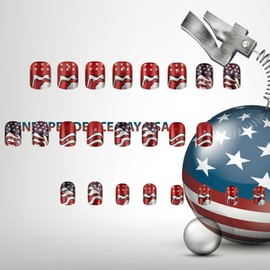 4th of July Press on Nails 24Pcs White Stars Fake Nails Short Square Acrylic Full Cover False Nail Fourth of July Gel Glue on Fingernails Glossy Red Glitter Stick on Nail for Holiday Manicure Art