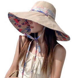 6" Extra Wide Brim Sun Hats UPF 50+ UV Protection Packable Beach Hat Strap Women (Khaki)