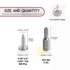 Hilitchi 50 Pcs M5x16mm Stainless Steel Button Head Torx Sheet Metal Screws Security Silver Screws Anti-Theft Tamper Proof with Bit T25